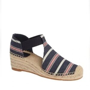 Tory Burch Catalina Red White Blue Stripe Wedge Espadrilles 9